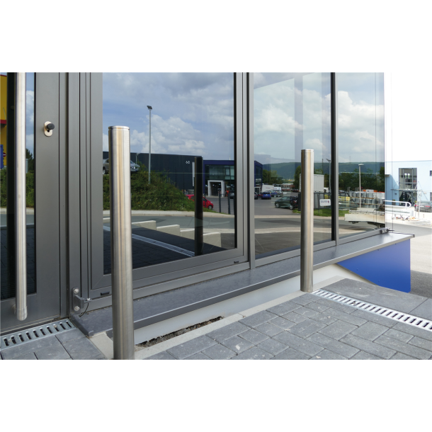 Stainless steel post |  76 mm | without decorative ring | stationary, to be fixed by plugswith base plate  150 x 5 mm | without lock | with 2 eyelets